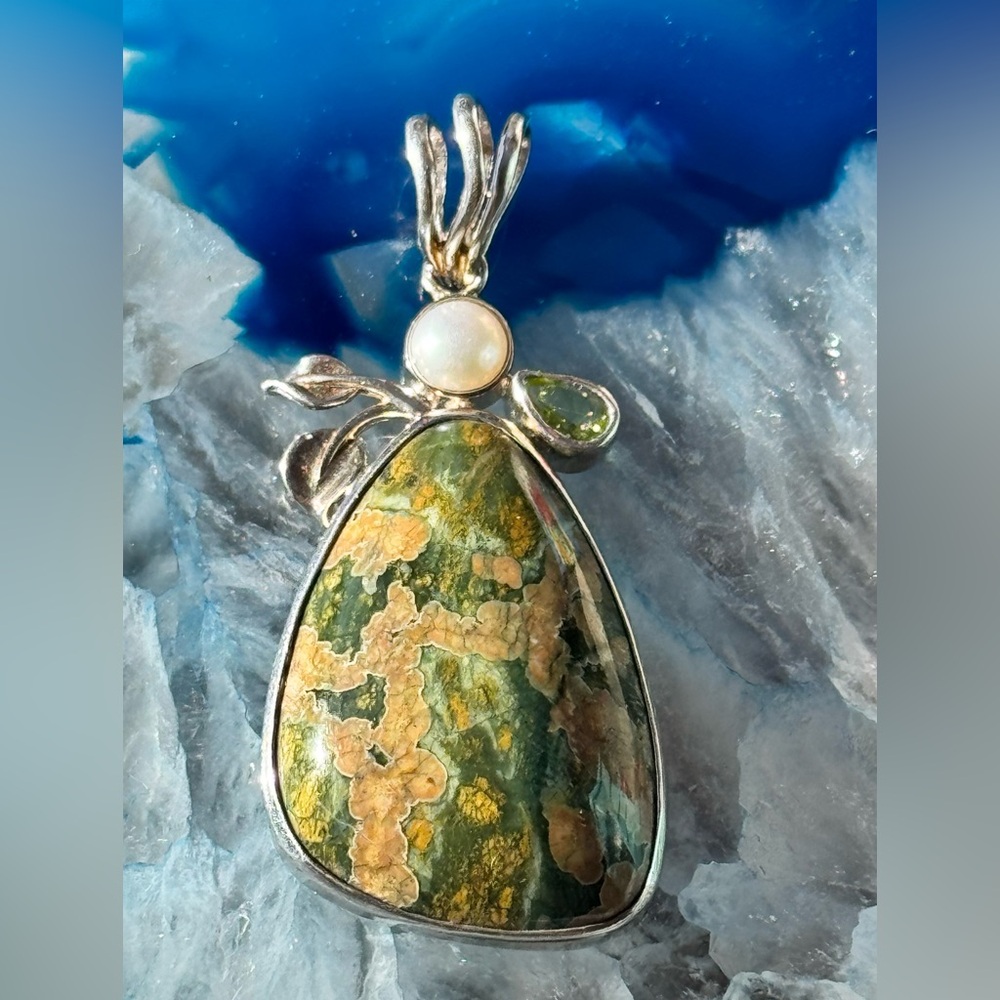Exquisite Sterling Silver Ocean Jasper Pendant, Freshwater Pearl,Peridot Accents